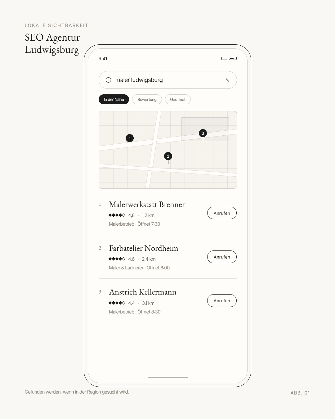 Smartphone-Ansicht der lokalen Google-Suche mit einem Unternehmenseintrag in den obersten Kartenergebnissen